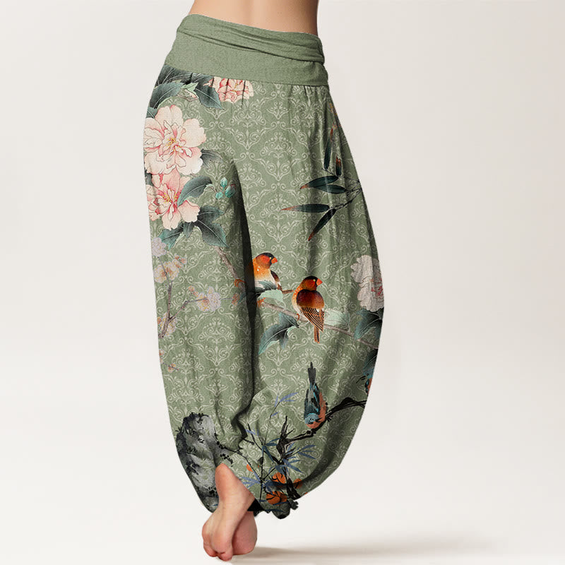 Buddha Stones Warbler Bird Blooming Flower Branches Mandala Pattern Women's Elastic Waist Harem Pants