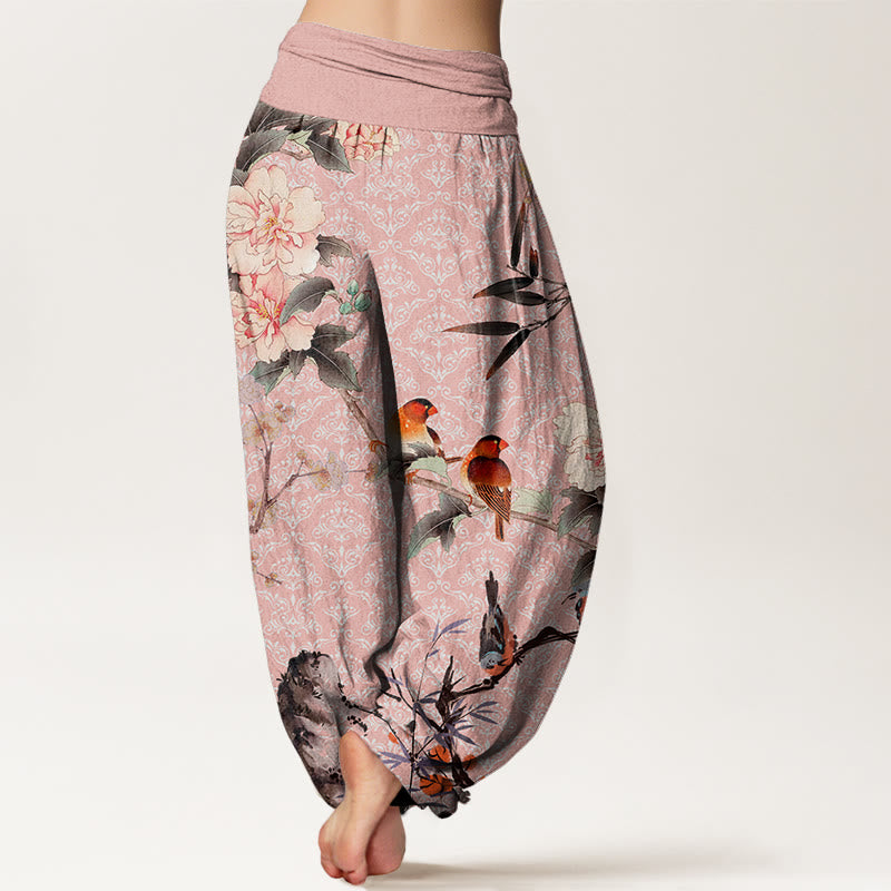 Buddha Stones Warbler Bird Blooming Flower Branches Mandala Pattern Women's Elastic Waist Harem Pants