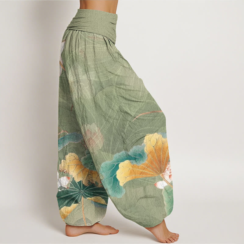 Buddha Stones Lotus Flowers Leaves Pattern Women's Elastic Waist Harem Pants