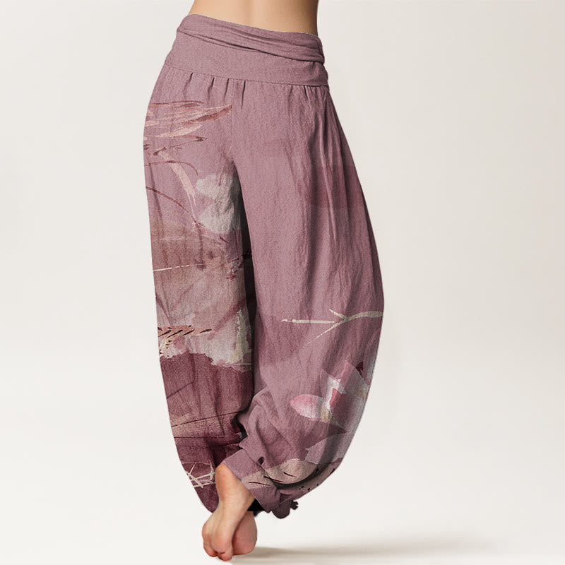 Buddha Stones Pink Lotus Leaves Bird Pattern Women's Elastic Waist Harem Pants