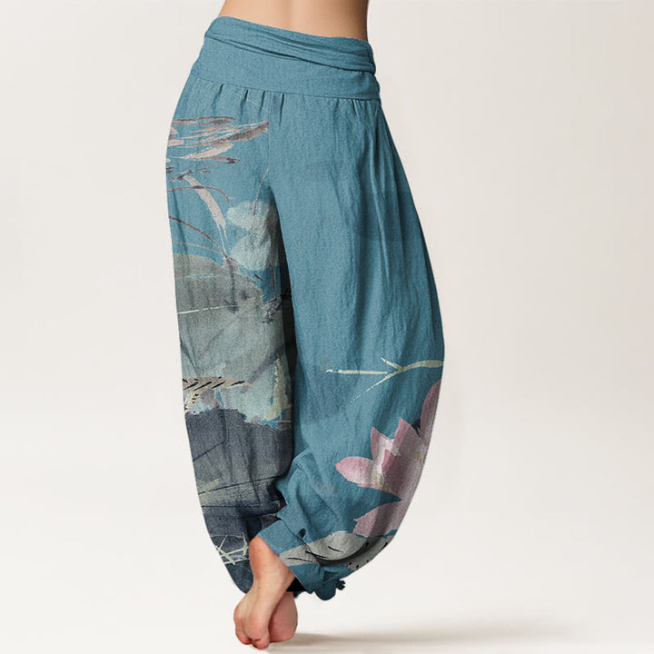 Buddha Stones Pink Lotus Leaves Bird Pattern Women's Elastic Waist Harem Pants