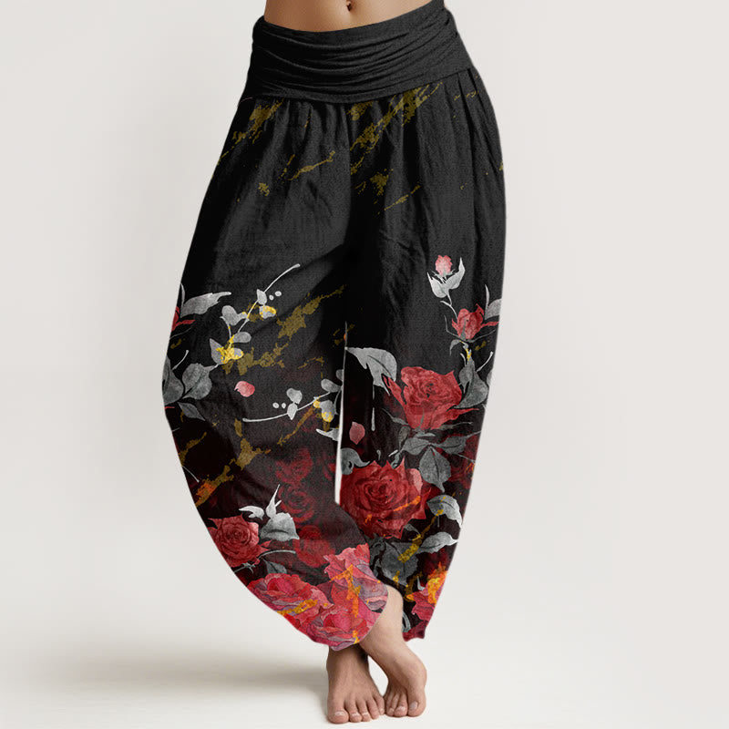 Buddha Stones Cotton Blooming Roses Pattern Women's Elastic Waist Harem Pants - Black - US22，UK/AU26，EU54 (6XL) - image 0
