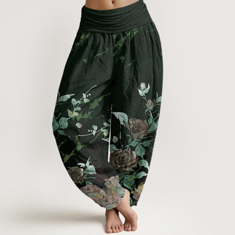 Buddha Stones Cotton Blooming Roses Pattern Women's Elastic Waist Harem Pants - DarkGreen - US22，UK/AU26，EU54 (6XL) - image 7