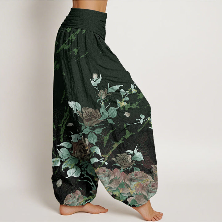 Buddha Stones Blooming Roses Pattern Women's Elastic Waist Harem Pants - image 8
