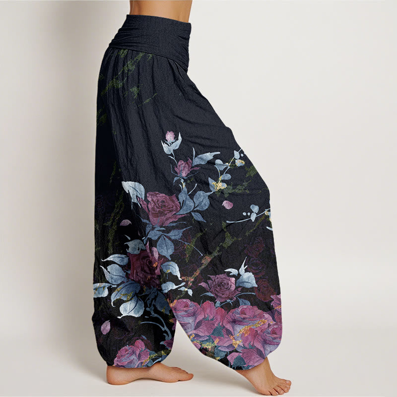 Buddha Stones Cotton Blooming Roses Pattern Women's Elastic Waist Harem Pants - image 5