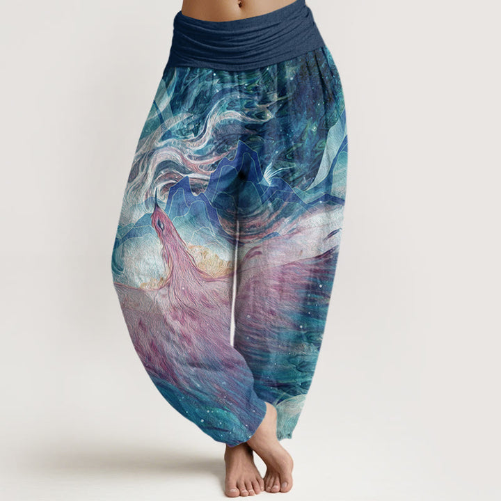 Buddha Stones Mythical Creature Pattern Women's Elastic Waist Harem Pants