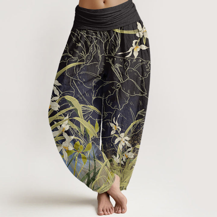 Buddha Stones White Flowers Yellow Green Leaves Grass Pattern Women's Elastic Waist Harem Pants