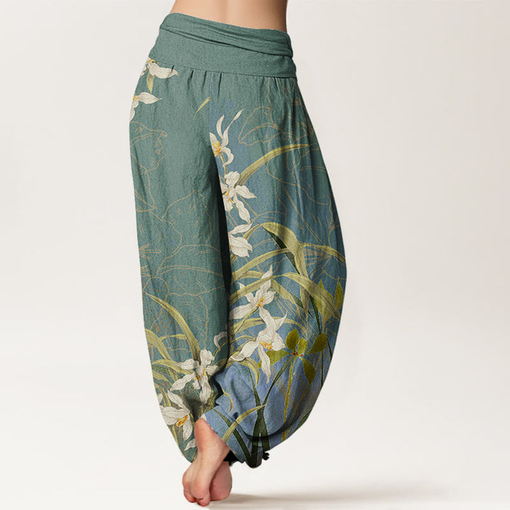 Buddha Stones White Flowers Yellow Green Leaves Grass Pattern Women's Elastic Waist Harem Pants