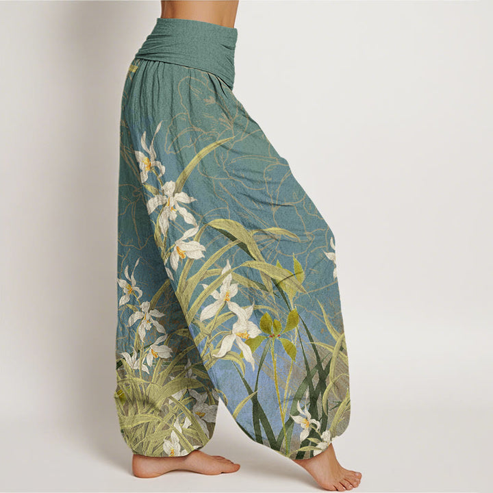 Buddha Stones White Flowers Yellow Green Leaves Grass Pattern Women's Elastic Waist Harem Pants