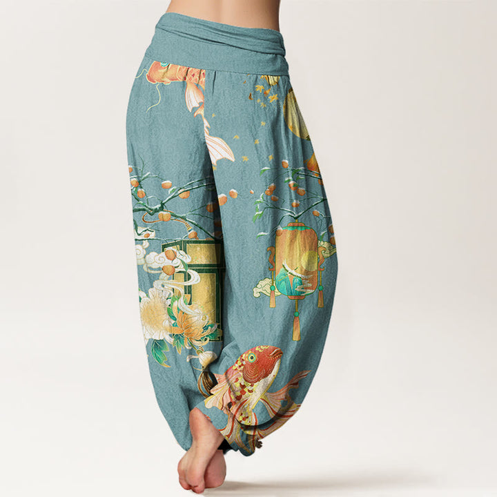 Buddha Stones Koi Fish Lanterns Chrysanthemums Fruit Trees Women's Elastic Waist Harem Pants