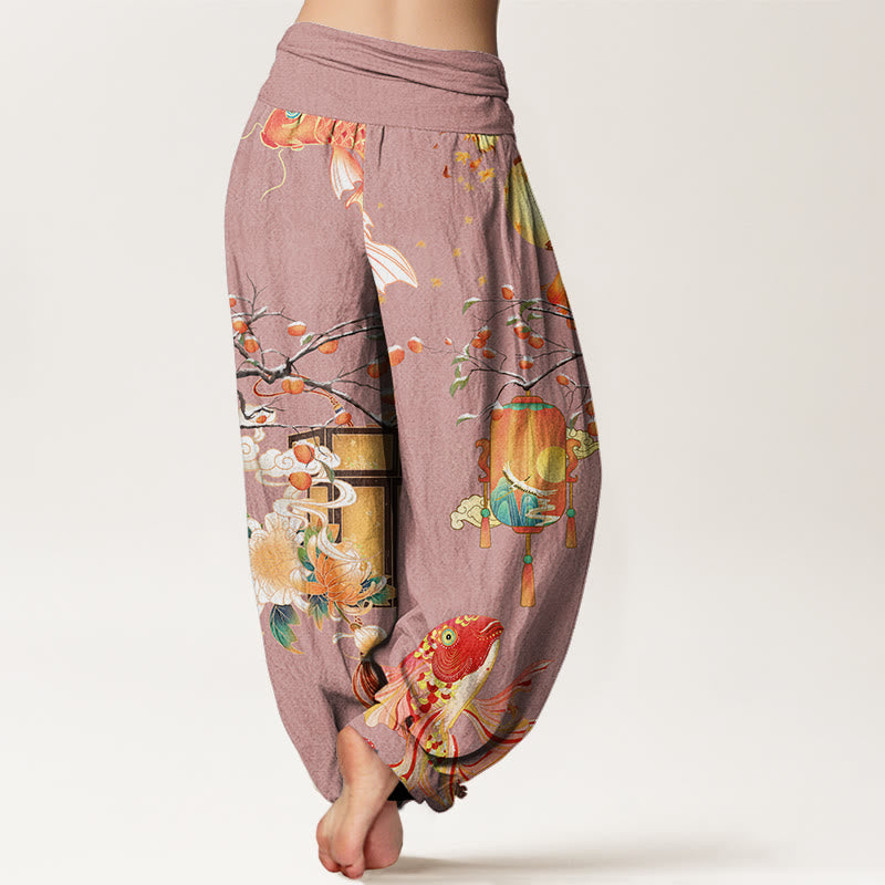 Buddha Stones Koi Fish Lanterns Chrysanthemums Fruit Trees Women's Elastic Waist Harem Pants