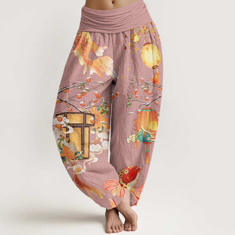 Buddha Stones Koi Fish Lanterns Chrysanthemums Fruit Trees Women's Elastic Waist Harem Pants