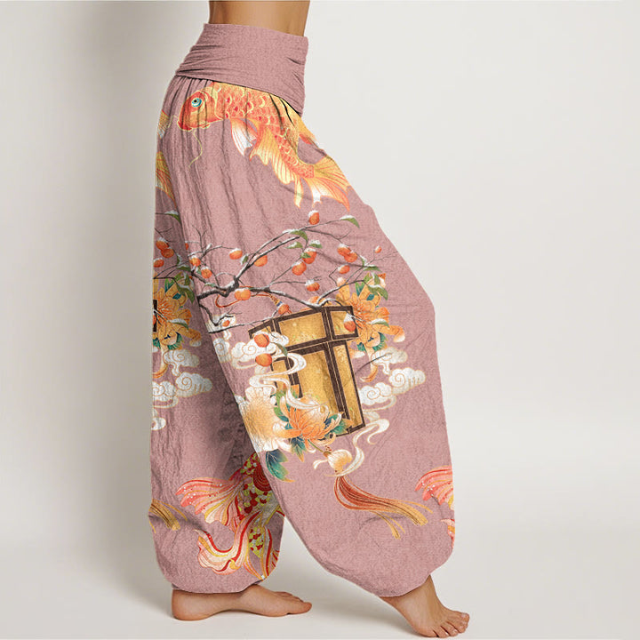 Buddha Stones Koi Fish Lanterns Chrysanthemums Fruit Trees Women's Elastic Waist Harem Pants