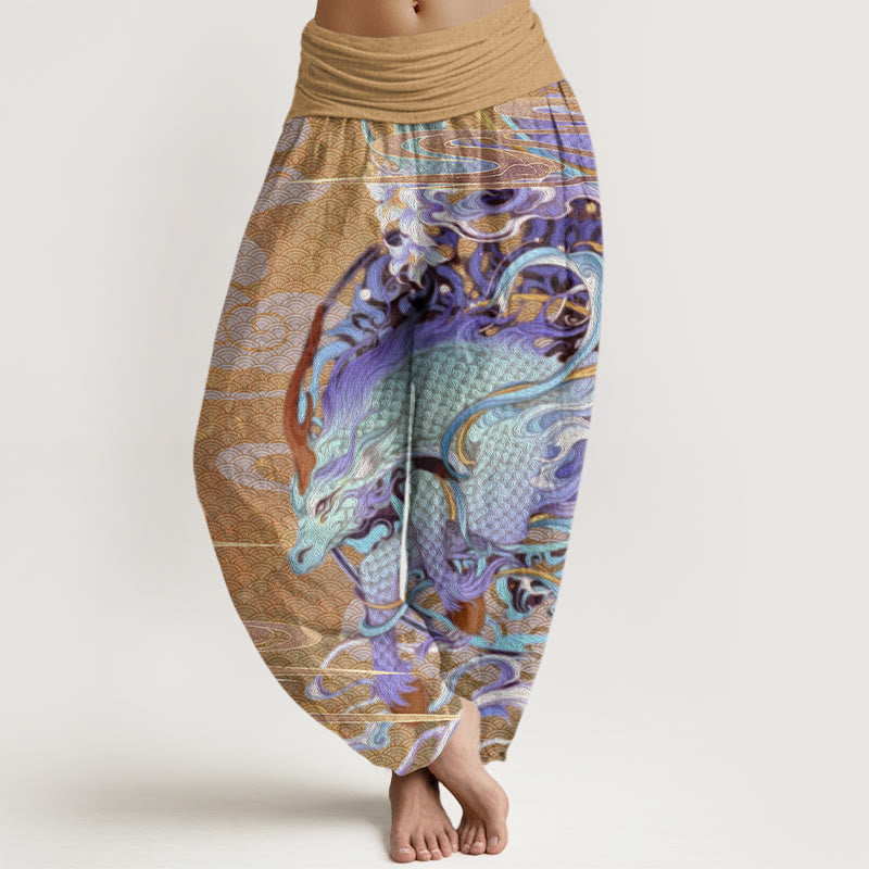 Buddha Stones Dragons Auspicious Clouds Pattern Women's Elastic Waist Harem Pants