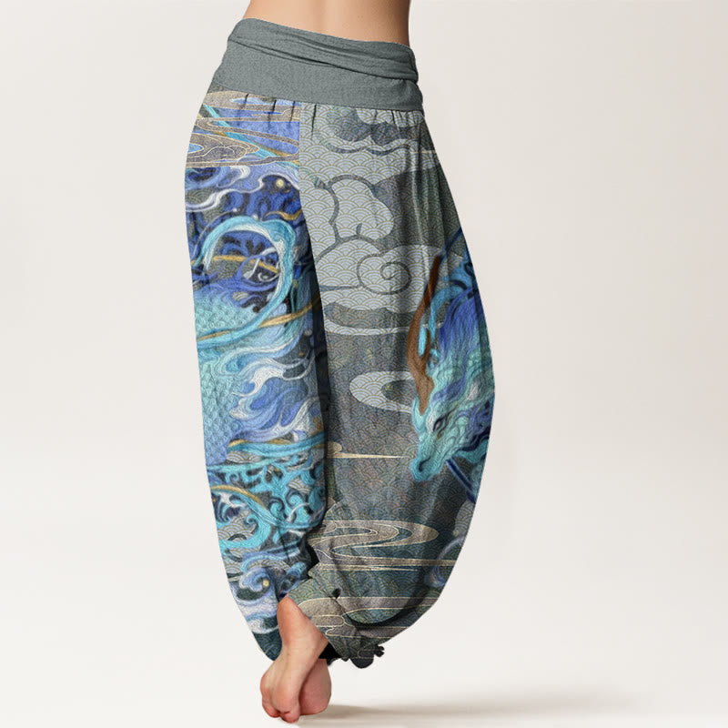 Buddha Stones Dragons Auspicious Clouds Pattern Women's Elastic Waist Harem Pants