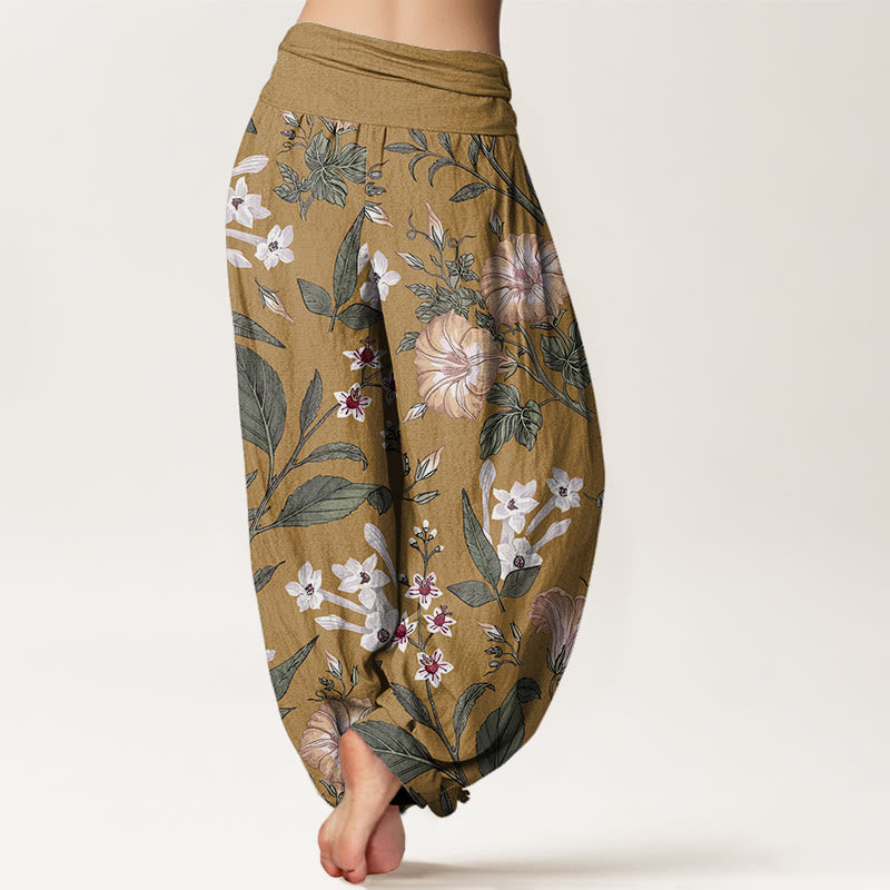 Buddha Stones Flower Plant Pattern Women's Elastic Waist Harem Pants