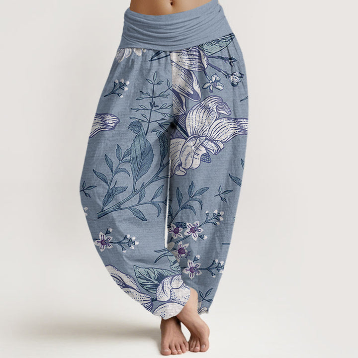 Buddha Stones Daisy White Flowers Pattern Women's Elastic Waist Harem Pants