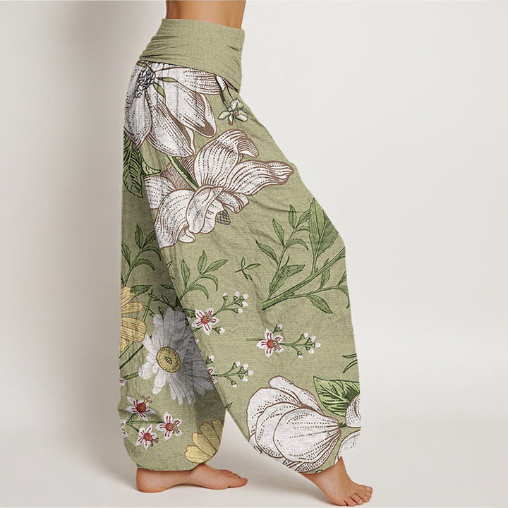 Buddha Stones Daisy White Flowers Pattern Women's Elastic Waist Harem Pants