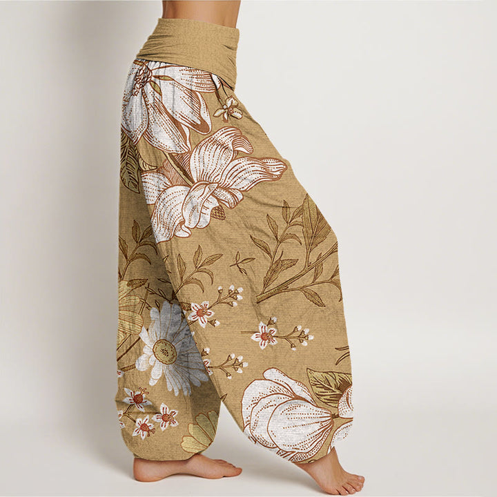 Buddha Stones Daisy White Flowers Pattern Women's Elastic Waist Harem Pants