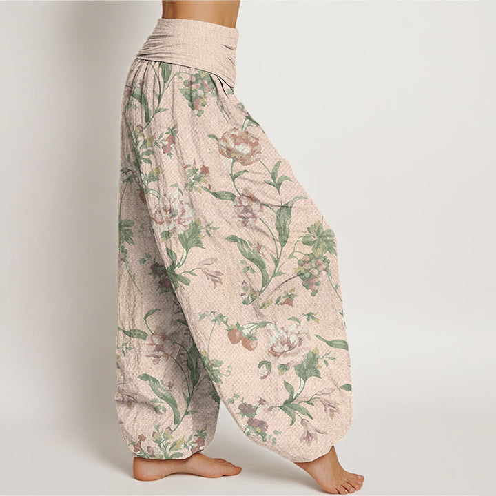 Buddha Stones Casual Pink Flowers Pattern Women's Elastic Waist Harem Pants