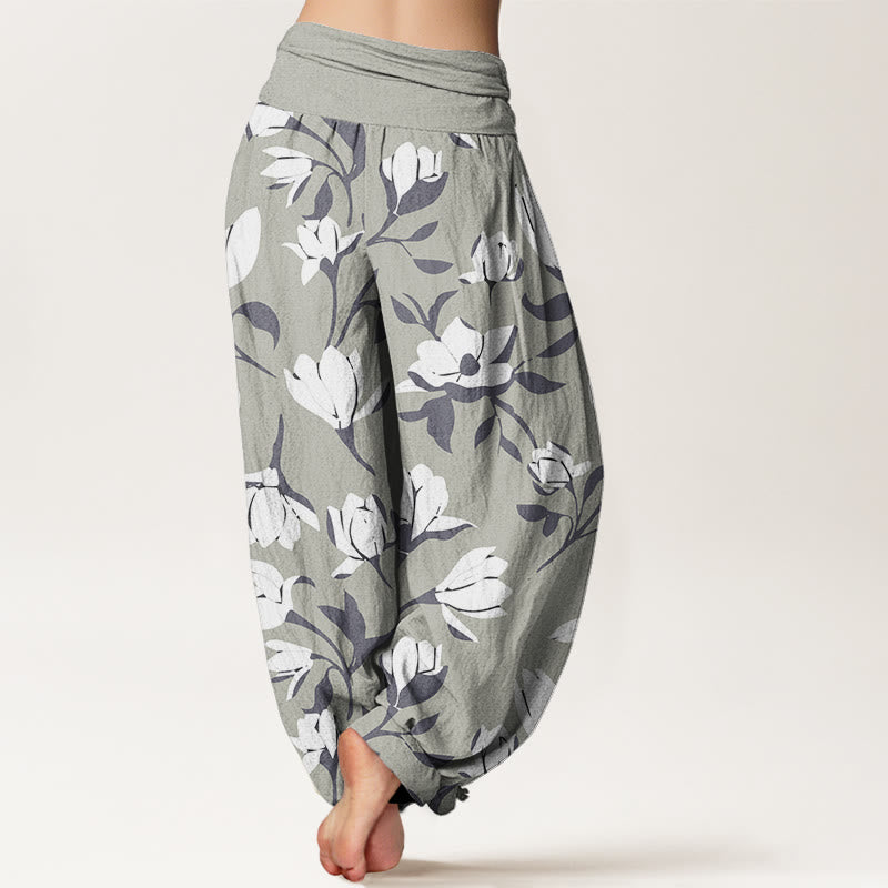 Buddha Stones Retro Magnolia Flowers Women's Elastic Waist Harem Pants