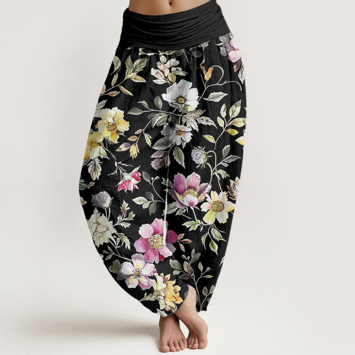 Buddha Stones Elegant Flower Design Women's Elastic Waist Harem Pants