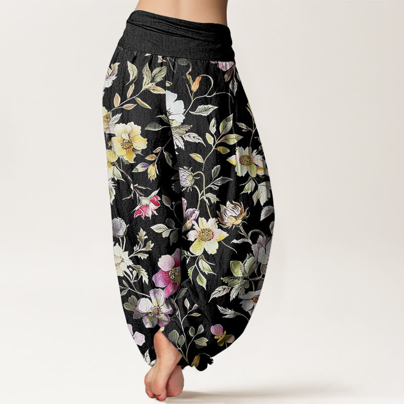 Buddha Stones Elegant Flower Design Women's Elastic Waist Harem Pants