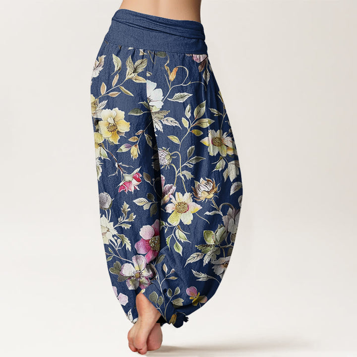 Buddha Stones Elegant Flower Design Women's Elastic Waist Harem Pants