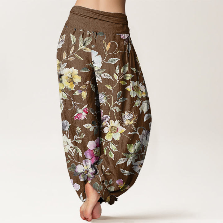 Buddha Stones Elegant Flower Design Women's Elastic Waist Harem Pants