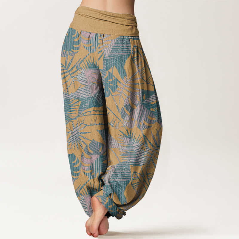 Buddha Stones Leaves Pattern Women's Elastic Waist Harem Pants