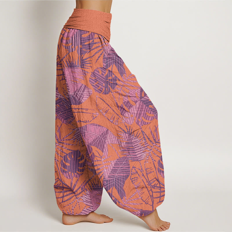 Buddha Stones Leaves Pattern Women's Elastic Waist Harem Pants