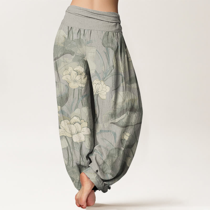 Buddha Stones Lotus Design Women's Elastic Waist Harem Pants