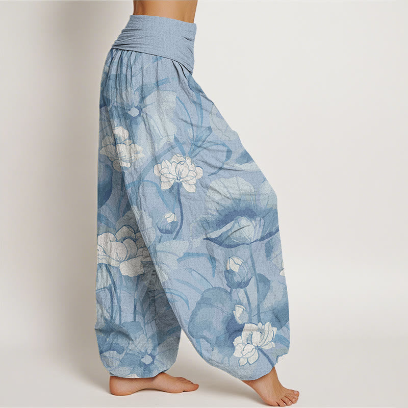 Buddha Stones Lotus Design Women's Elastic Waist Harem Pants