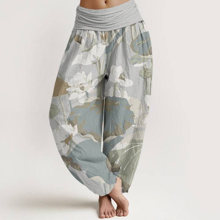 Buddha Stones Lotus Leaves Design Women's Elastic Waist Harem Pants