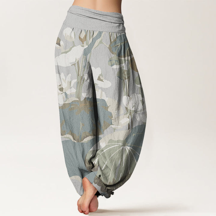 Buddha Stones Lotus Leaves Design Women's Elastic Waist Harem Pants