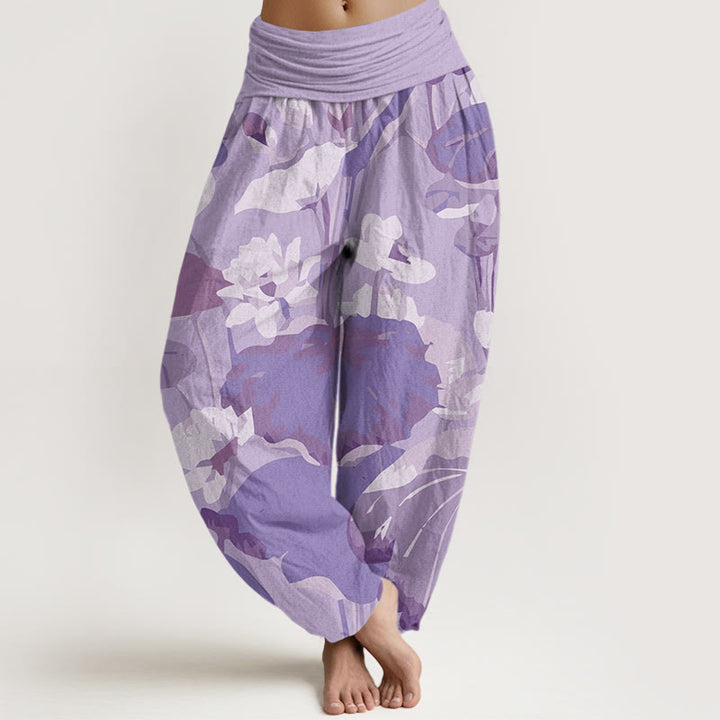 Buddha Stones Lotus Leaves Design Women's Elastic Waist Harem Pants