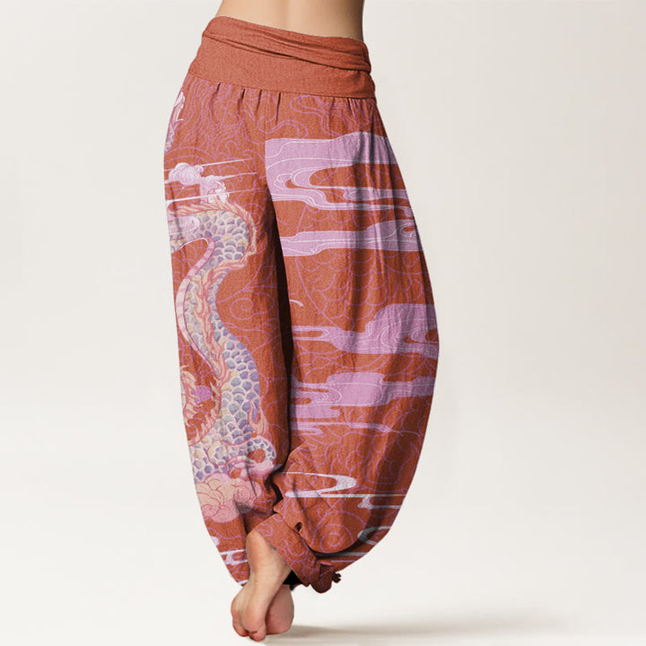 Buddha Stones Casual Dragon Auspicious Clouds Pattern Women's Elastic Waist Harem Pants