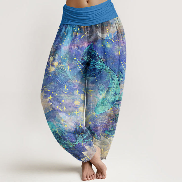 Buddha Stones Koi Fish Lotus Moon Stars Pattern Women's Elastic Waist Harem Pants