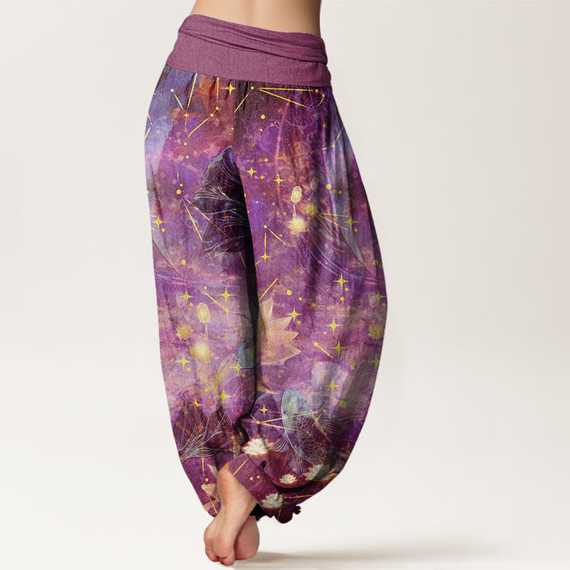 Buddha Stones Koi Fish Lotus Moon Stars Pattern Women's Elastic Waist Harem Pants