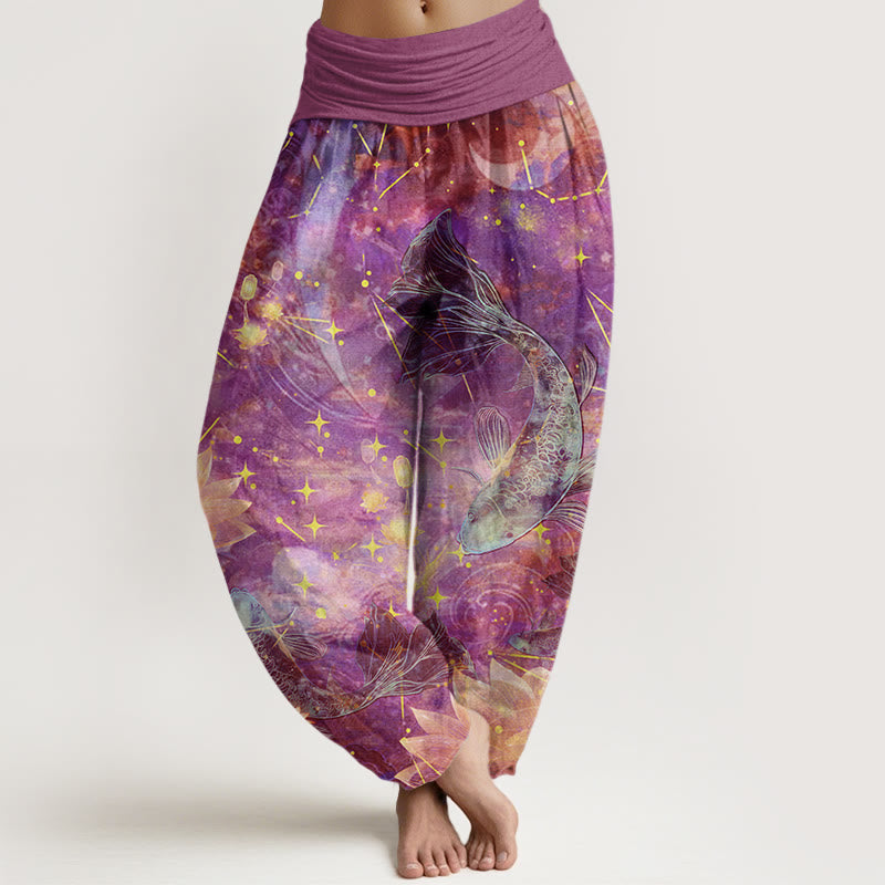 Buddha Stones Cotton Koi Fish Lotus Moon Stars Pattern Women's Elastic Waist Harem Pants - Orchid - US22，UK/AU26，EU54 (6XL) - image 4