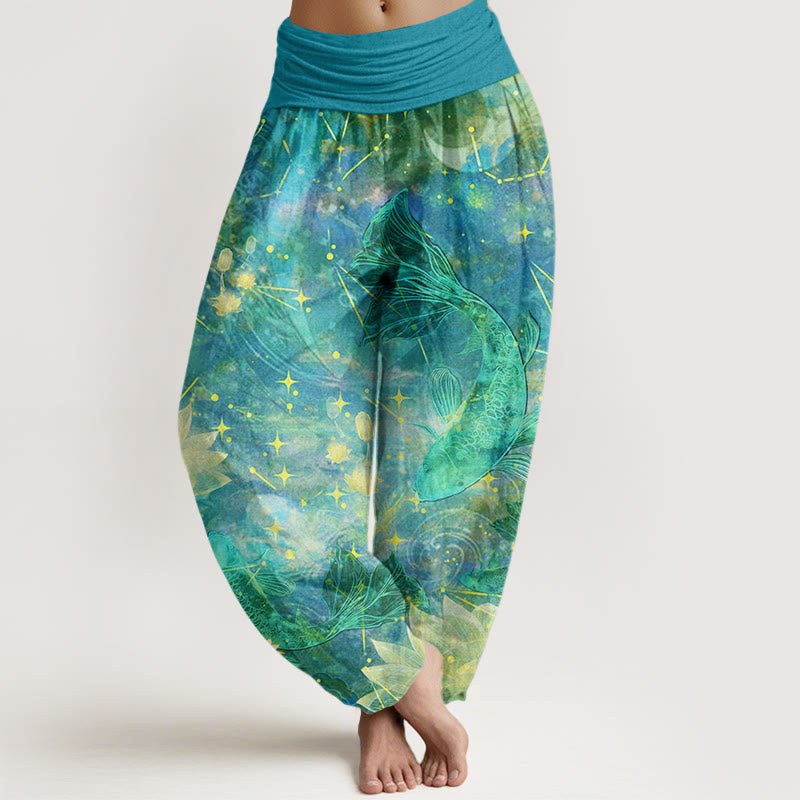 Buddha Stones Koi Fish Lotus Moon Stars Pattern Women's Elastic Waist Harem Pants