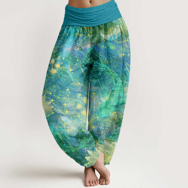 Buddha Stones Cotton Koi Fish Lotus Moon Stars Pattern Women's Elastic Waist Harem Pants - DarkTurquoise - US22，UK/AU26，EU54 (6XL) - image 7