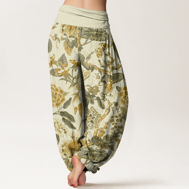 Buddha Stones Lotus Leaf Peony Pattern Women's Elastic Waist Harem Pants