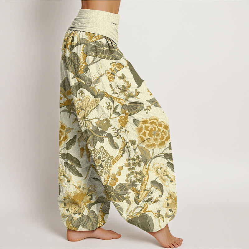 Buddha Stones Lotus Leaf Peony Pattern Women's Elastic Waist Harem Pants