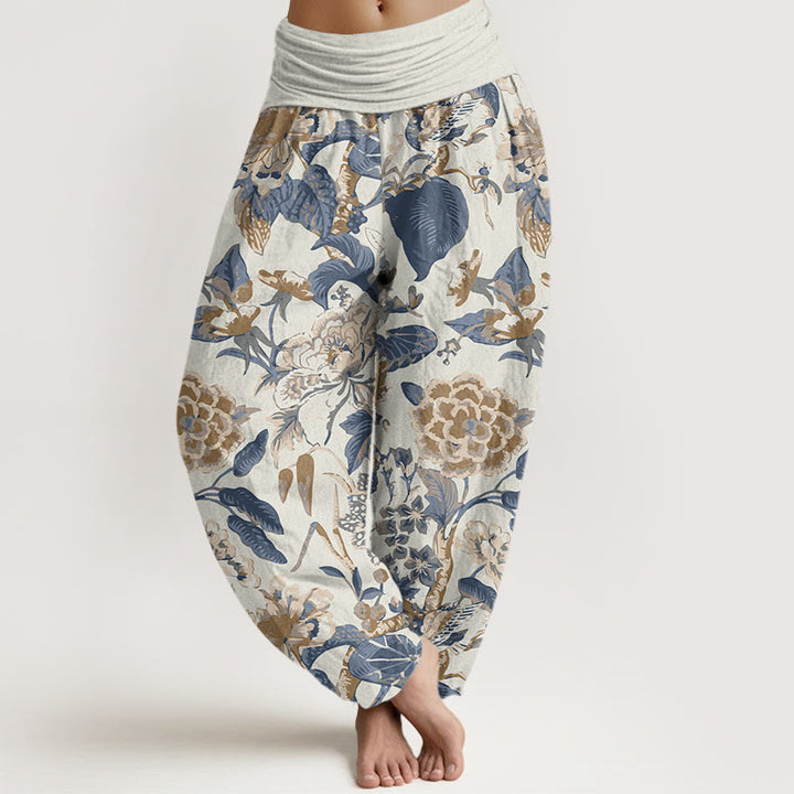 Buddha Stones Lotus Leaf Peony Pattern Women's Elastic Waist Harem Pants