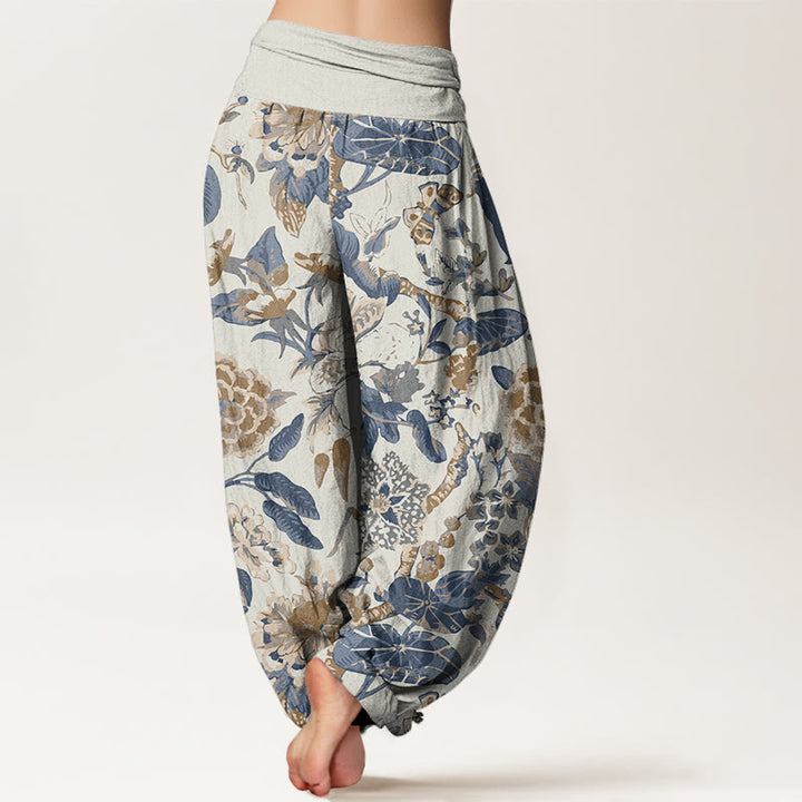 Buddha Stones Lotus Leaf Peony Pattern Women's Elastic Waist Harem Pants