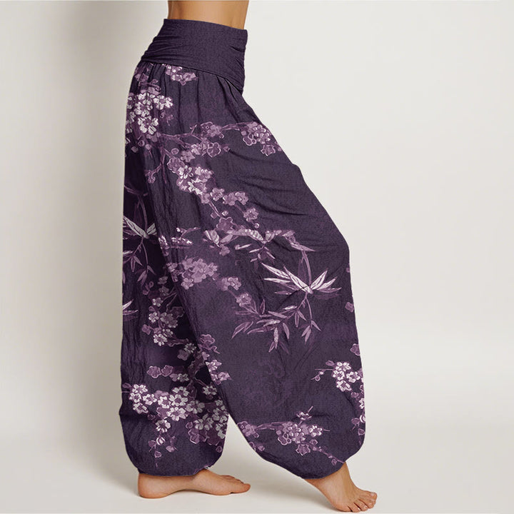 Buddha Stones Cotton White Sakura Flower Pattern Women's Elastic Waist Harem Pants - image 5