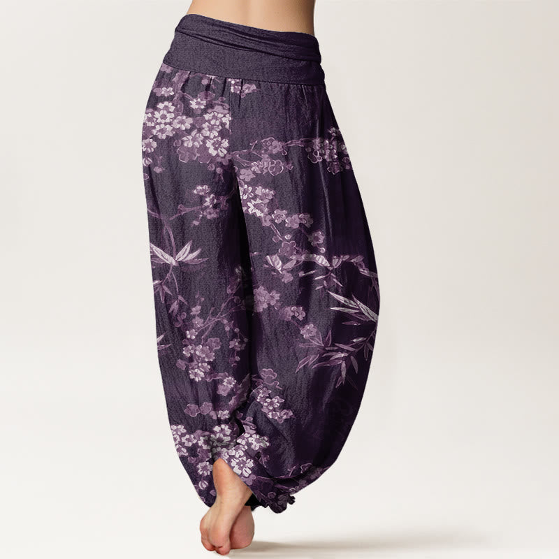 Buddha Stones White Sakura Flower Pattern Women's Elastic Waist Harem Pants - image 6