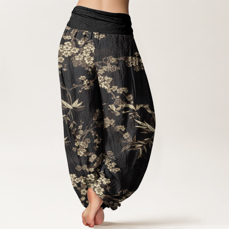 Buddha Stones White Sakura Flower Pattern Women's Elastic Waist Harem Pants