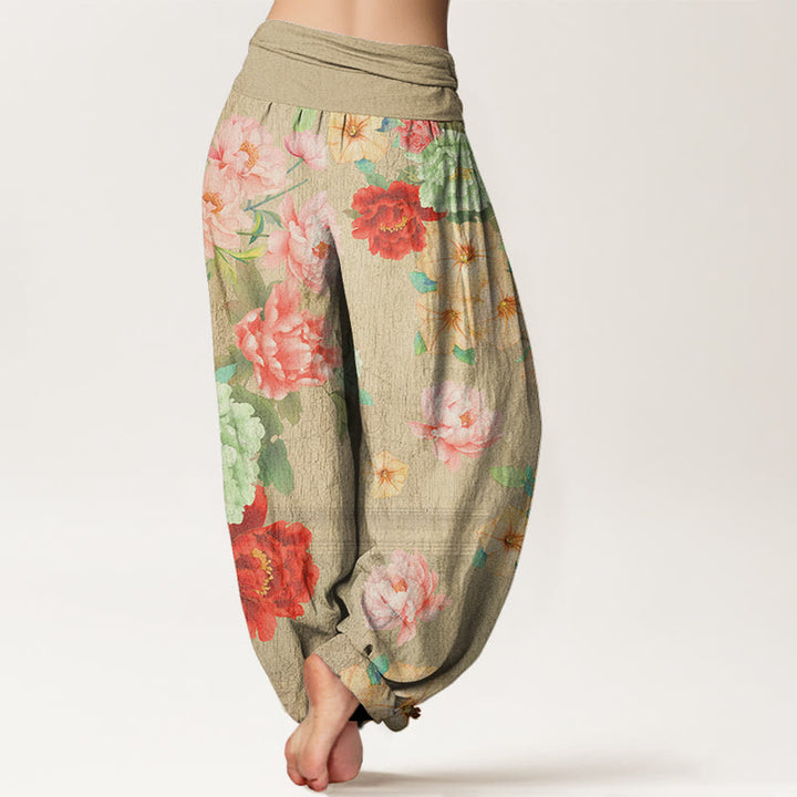 Buddha Stones Casual Peony Flower Women's Elastic Waist Harem Pants